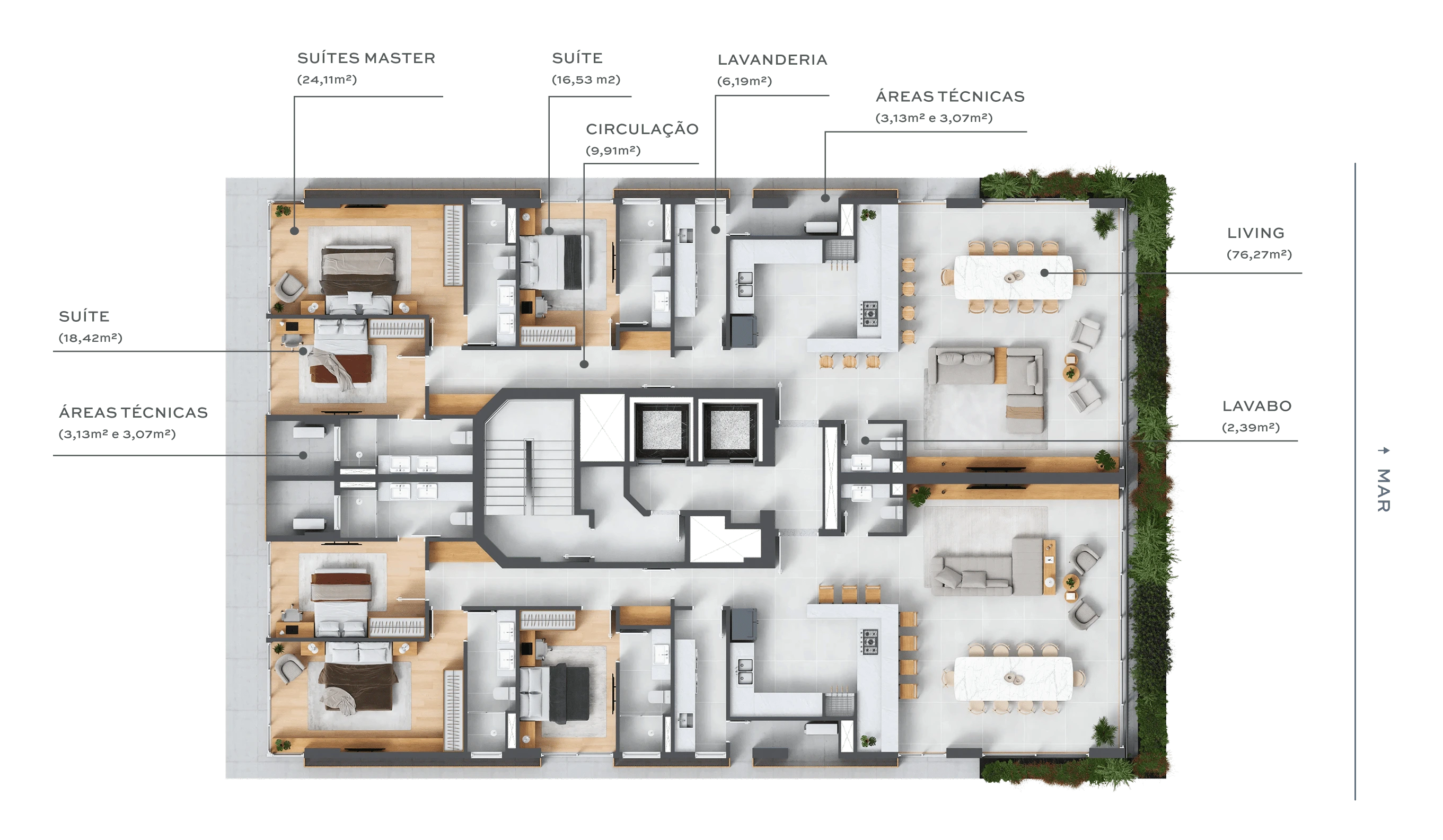 Planta baixa do andar tipo mar do Nuar Residence em Balneário Piçarras com indicação das suítes master, suítes, living, lavabo, lavanderia, circulação e áreas técnicas