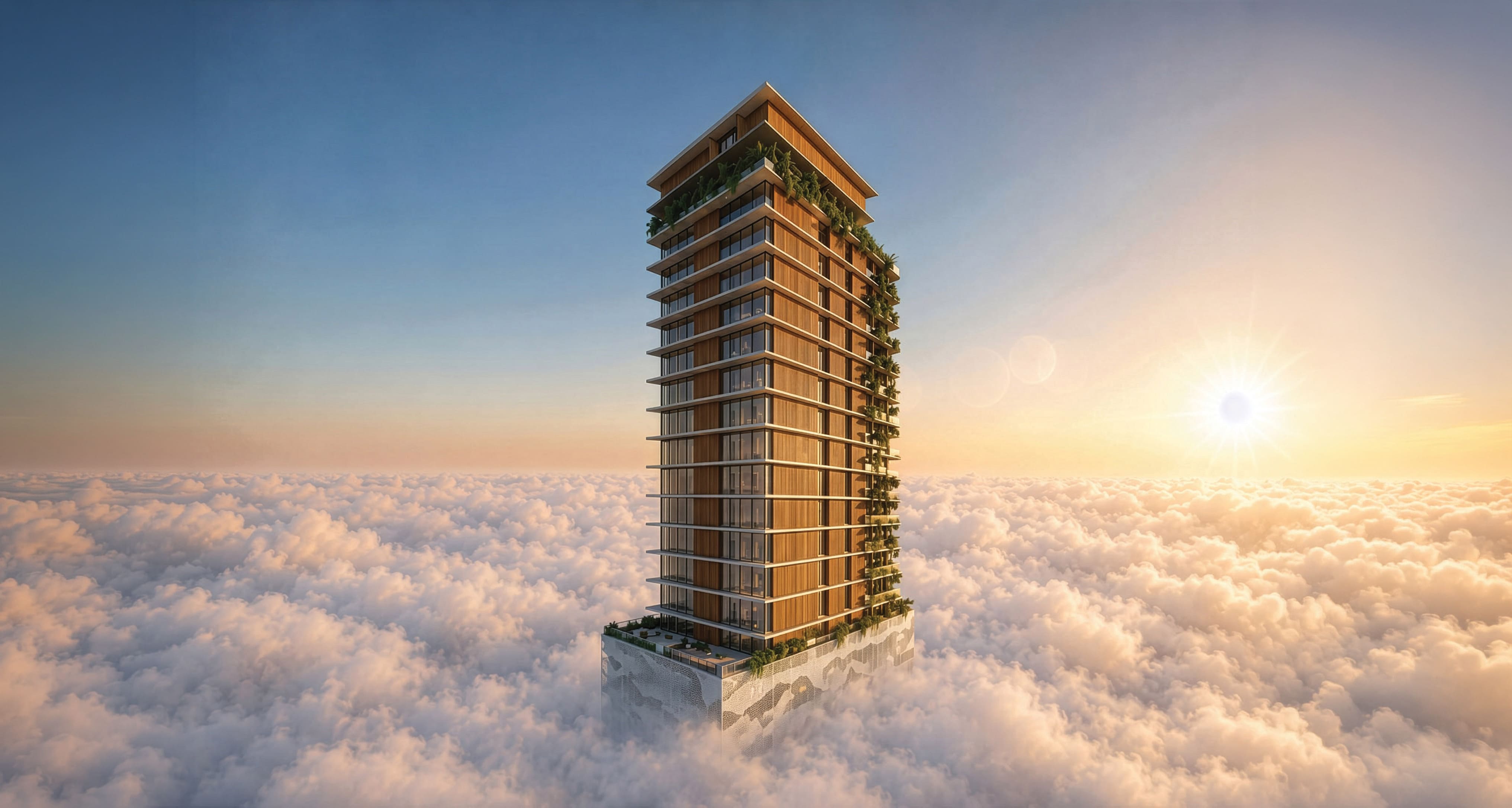 Renderização artística em versão horizontal da torre do Nuar Residence em Balneário Piçarras emergindo acima de um mar de nuvens ao pôr do sol, com fachada em ripas de madeira e jardins nas varandas