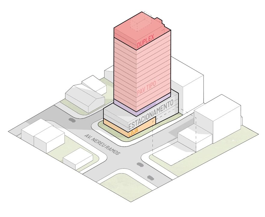 Diagrama isométrico da implantação do Nuar Residence em Balneário Piçarras destacando os pavimentos por uso: lojas, estacionamento, andares tipo, duplex e área de lazer, na Avenida Nereu Ramos