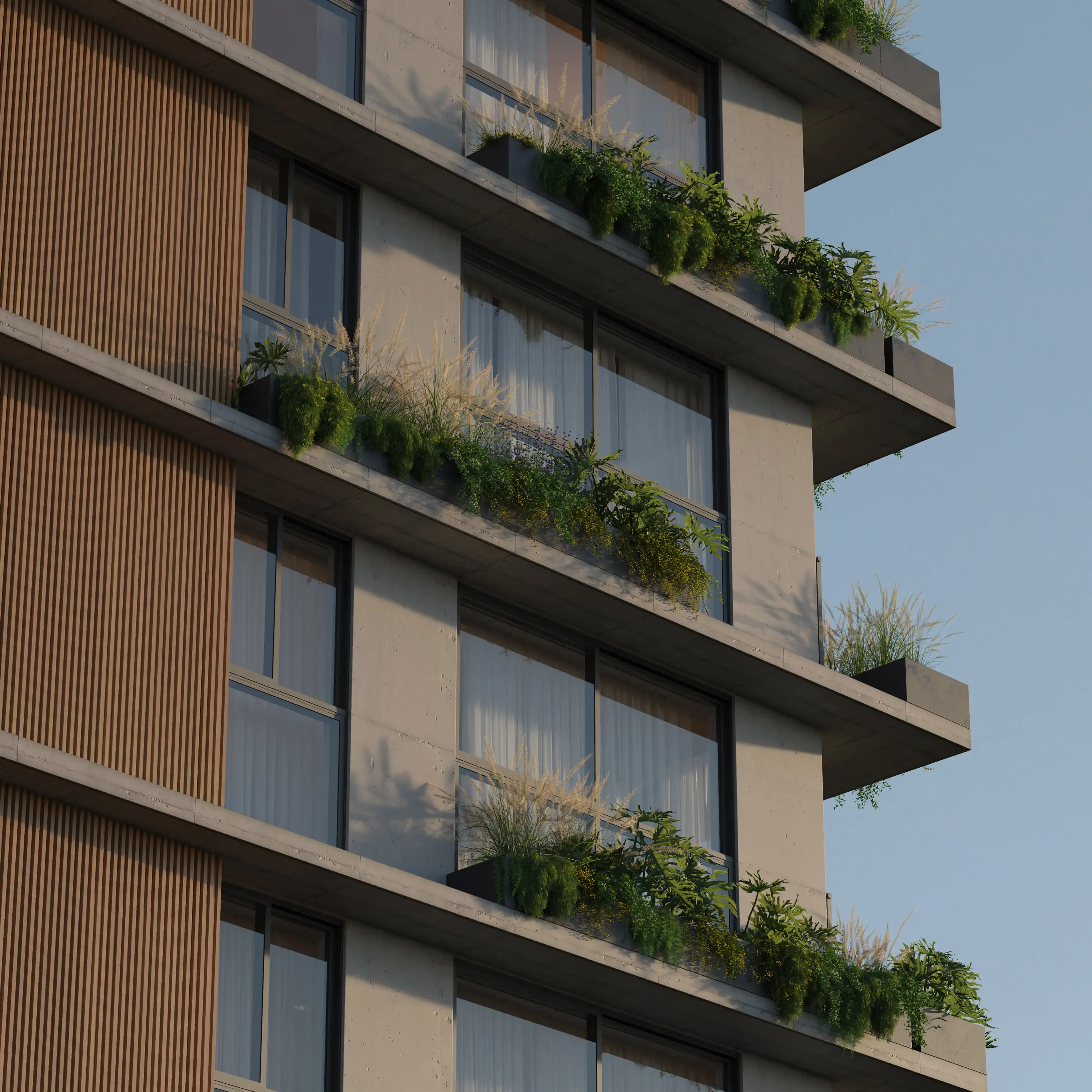Detalhe da fachada do Nuar Residence destacando as varandas com jardins verticais, ripas de madeira e estrutura em concreto aparente, vistas em ângulo diagonal contra o céu azul