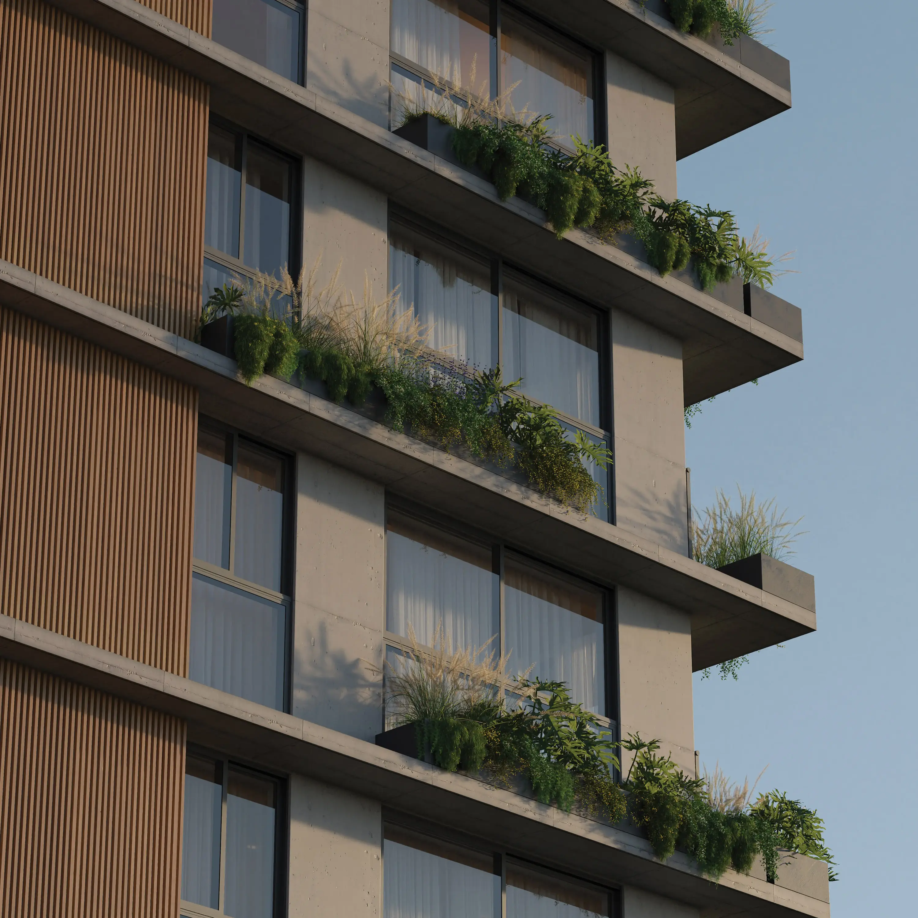 Detalhe da fachada do Nuar Residence em Balneário Piçarras, com varandas em concreto, ripas de madeira, amplas esquadrias e jardins com plantas em cada pavimento