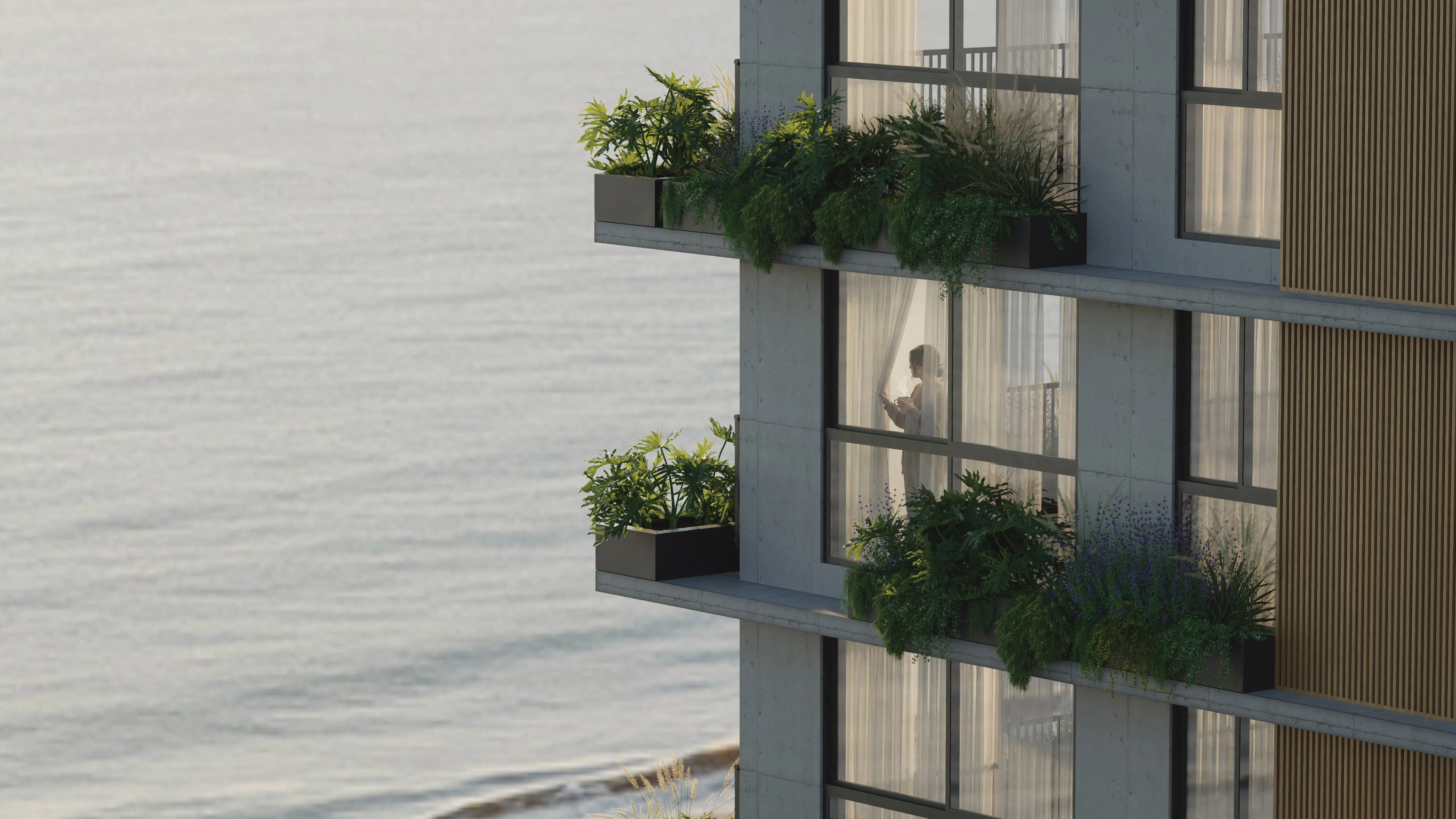 Detalhe da fachada lateral do Nuar Residence em Balneário Piçarras com vista para o mar, varandas com jardins exuberantes, ripas de madeira, amplas esquadrias e morador apreciando a paisagem