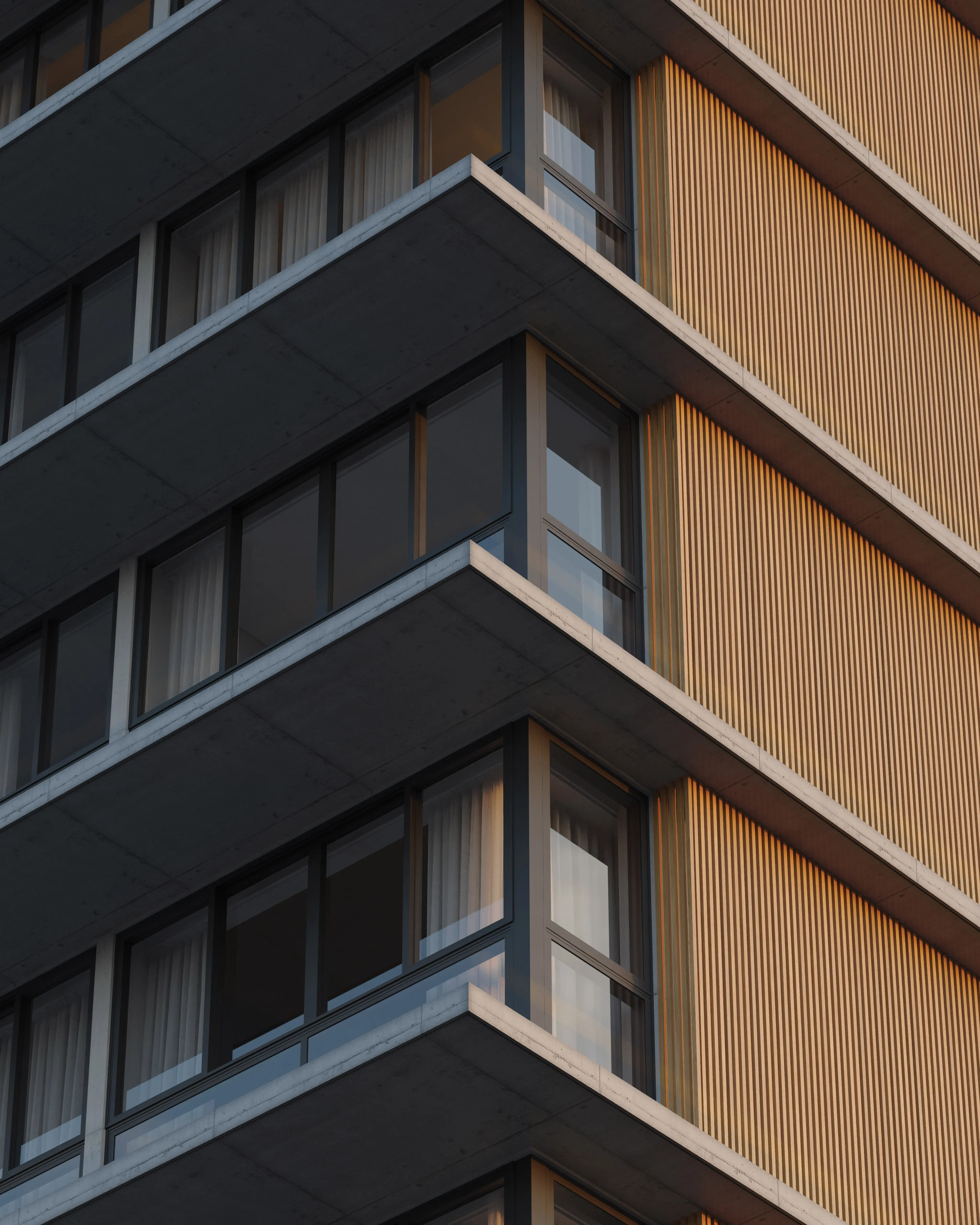 Detalhe em close da fachada do Nuar Residence em Balneário Piçarras, com varandas em concreto em ângulo, revestimento em ripas de madeira e amplas esquadrias escuras destacando a composição arquitetônica