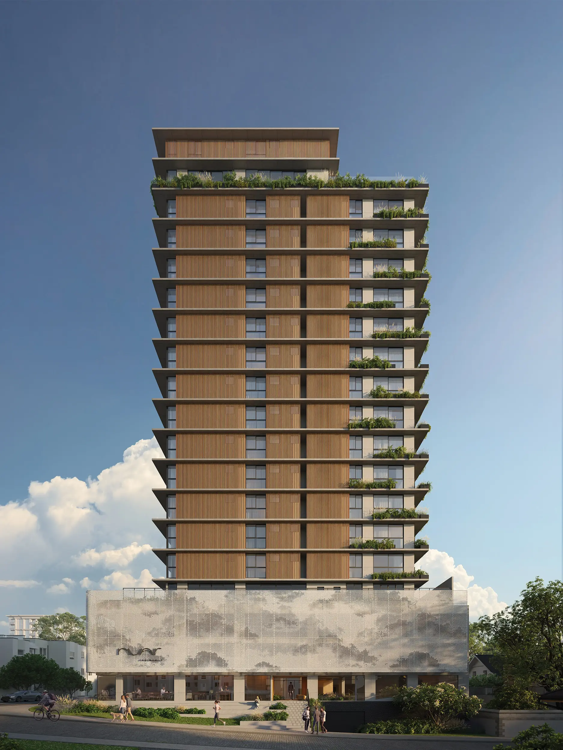 Fachada frontal do Nuar Residence em Balneário Piçarras, torre com revestimento em ripas de madeira, varandas com jardins em cada pavimento, base em painel perfurado metálico com logotipo e paisagismo na entrada