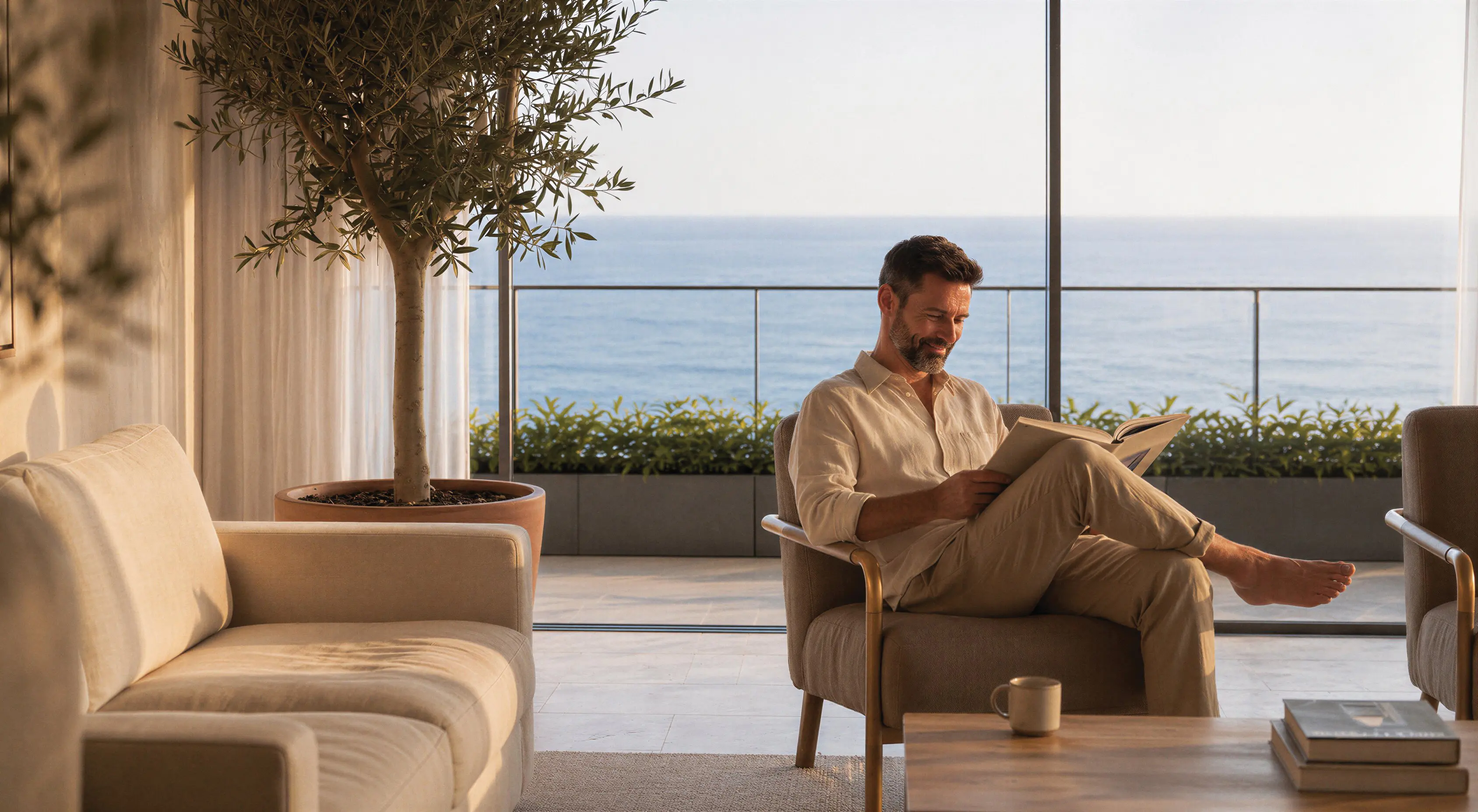 Homem lendo um livro em poltrona confortável na sala de estar, com vista panorâmica para o mar através de janela de piso a teto e planta decorativa ao fundo