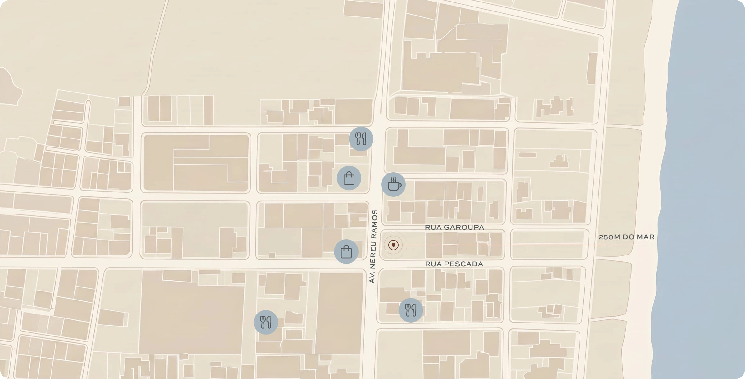 Mapa de localização do Nuar Residence em Balneário Piçarras com pins indicando restaurantes, comércio e serviços próximos ao empreendimento na Avenida Nereu Ramos